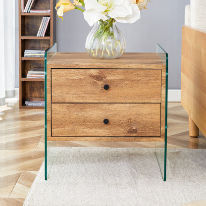 Double-drawer bedside table. The board surface is MDF sticker, and both sides are transparent tempered glass. The design is simple and elegant, with excellent storage functions.