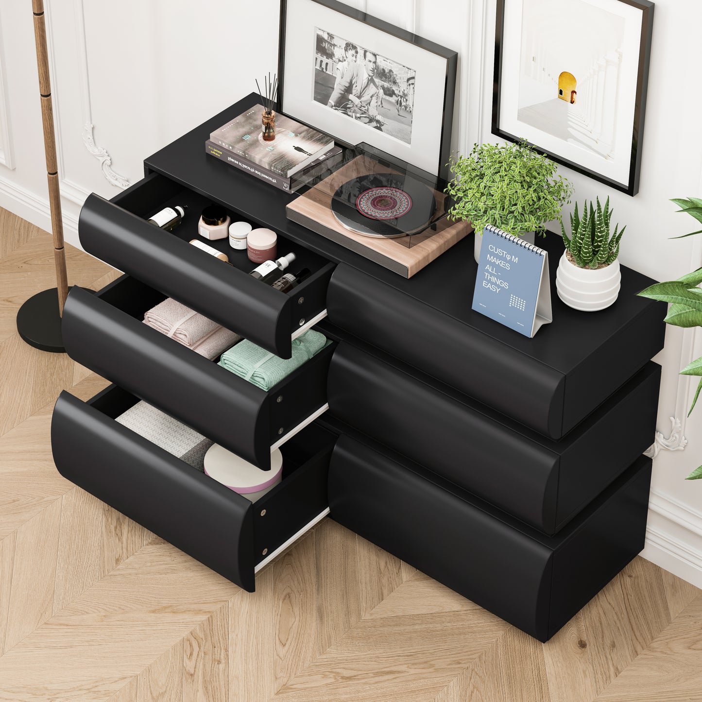 6 Drawer Dresser for Bedroom, Black Dresser No Handle, Modern 6 Chest of Drawers with Wide Storage