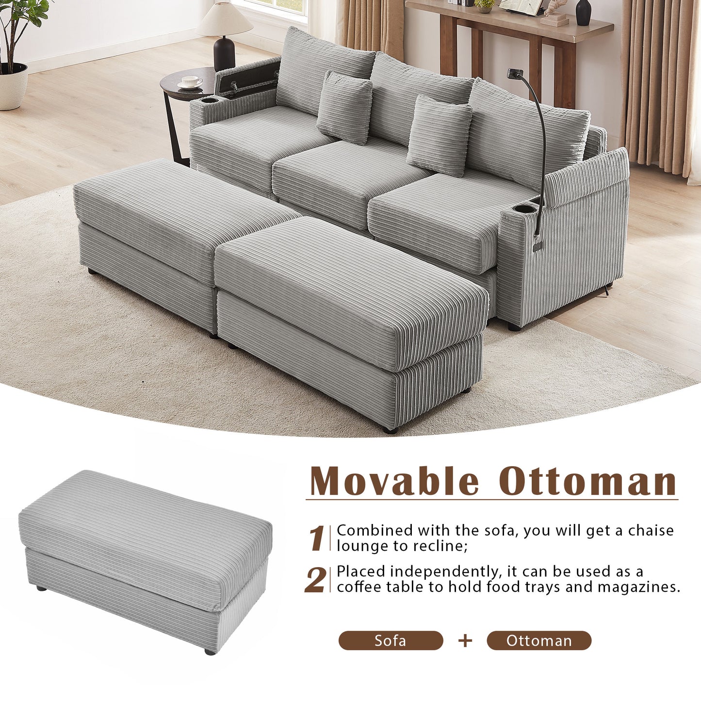 95.3" Modern Style 3-Seater Sofa Sectional Sofa Couch with Storage Space, Two Movable Ottomans, Two USB Ports, Two Cup Holders, A Phone Holder for Living Room, Grey