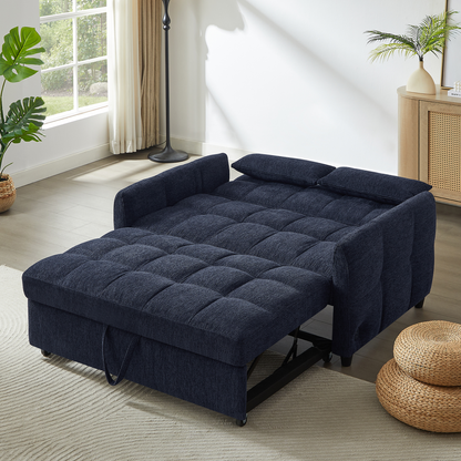 52.8" Loveseat Sofa Pull-out Sofa Bed Tufted Sleeper Sofa with an Adjustable Backrest, Three USB Ports and Two Lumbar Pillows for Living Room, Blue