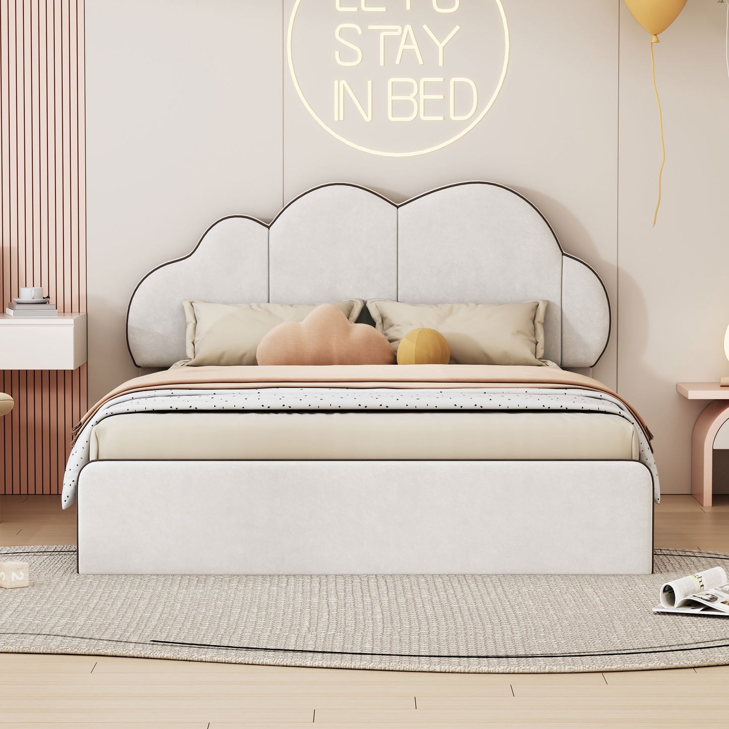 Queen size Upholstered Platform Bed with Cloud-shaped Headboard, Beige