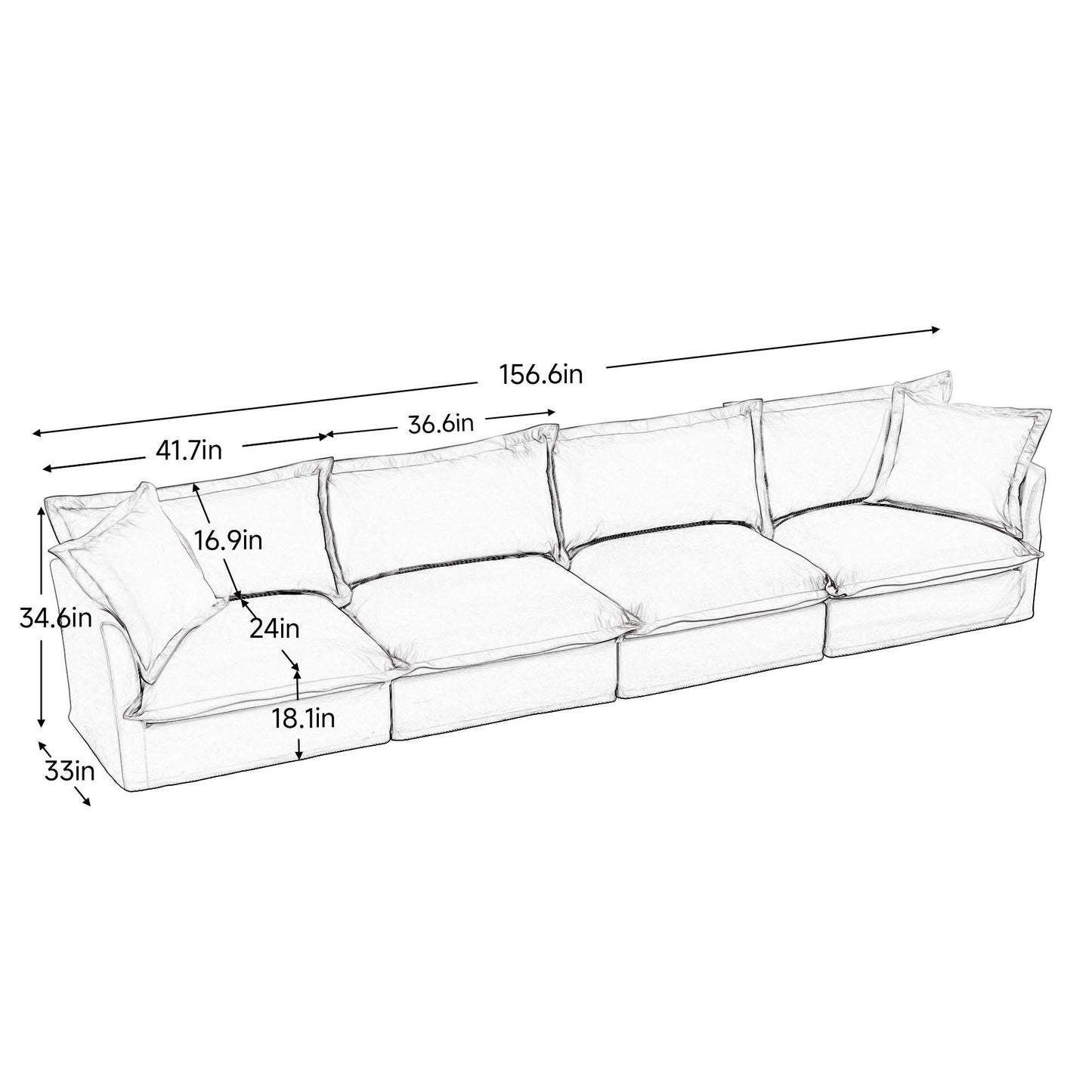 Slipcovered L Shape Sectional Long Sofa Couch, 4 Seater Sofa with Suppleness Armrests, Chenille Deep Seat Sofa with 2 Big Pillows, Comfy Couch for Living Room, Apartment, Chenille Fabric, Cream