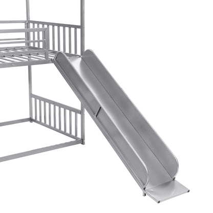 Twin over Twin Metal Bunk Bed House Bed with Slide and Staircase, Silver