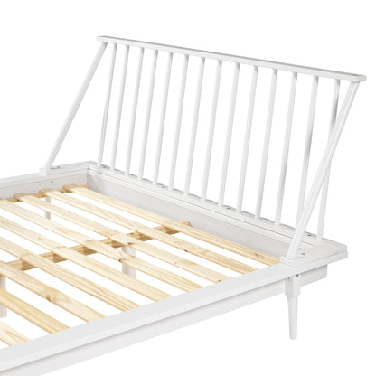 Mid-Century Modern Solid Wood Queen Platform Bed Frame with Spindle Headboard - White