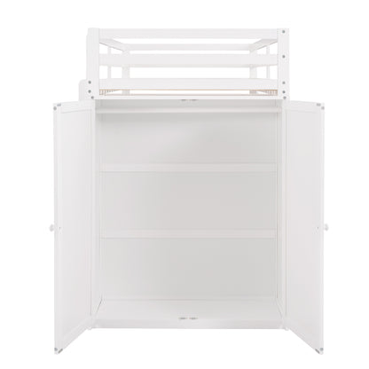 Twin size Loft Bed with Drawers,Desk,and Wardrobe-White