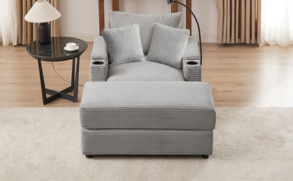 41.7" Modern Style Single Sofa Sofa Couch with Storage Space, A Movable Ottoman, Two USB Ports, Two Cup Holders, A Phone Holder for Living Room, Grey