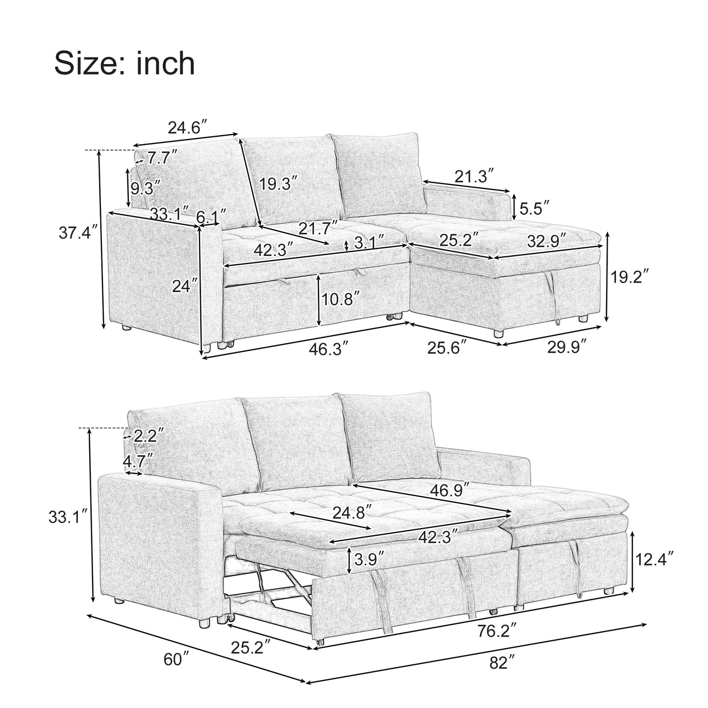 U_STYLE  Soft Upholstered Sectional Sofa Bed with Storage Space, Suitable for Living Rooms and Apartments.