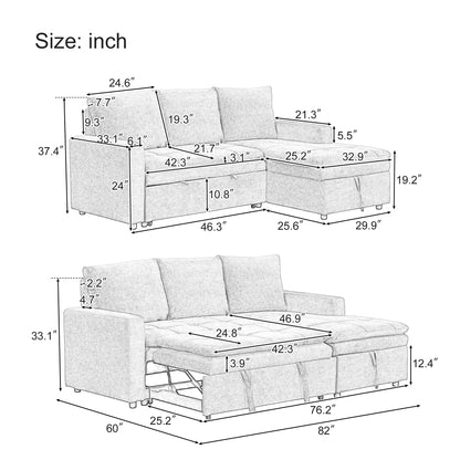 U_STYLE  Soft Upholstered Sectional Sofa Bed with Storage Space, Suitable for Living Rooms and Apartments.