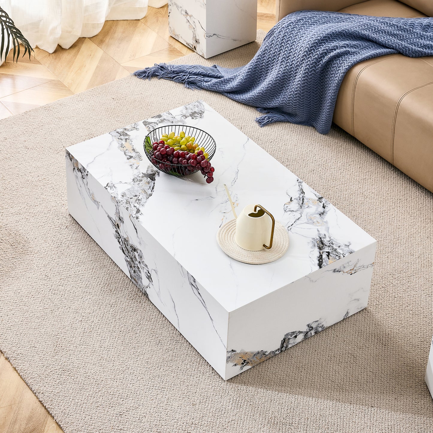 Modern MDF Coffee Table with Marble Pattern - 39.37x23.62x11.81 inches - Stylish and Durable Design W1151119518