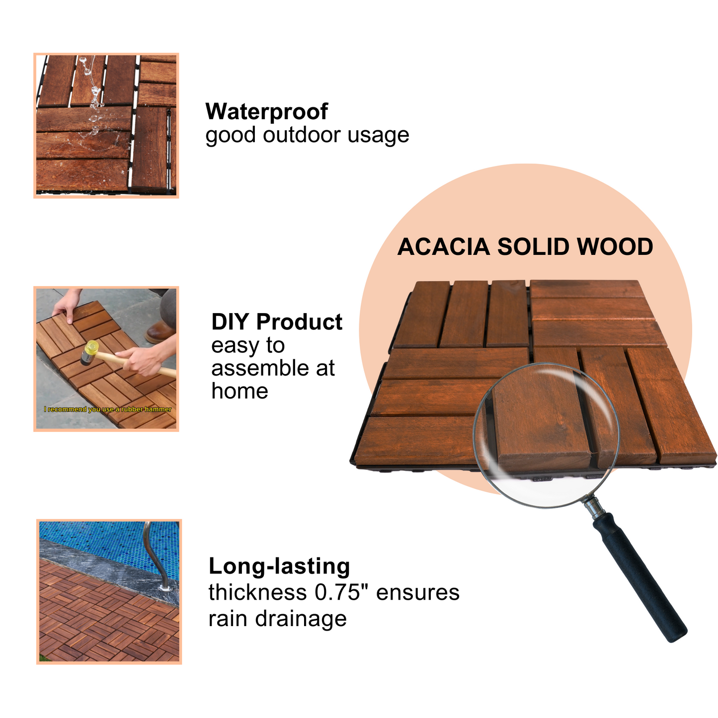 Acacia Wood Interlocking Deck Tiles Checker Pattern, 30 PCS  12" x 12" Square Acacia Hardwood Outdoor Flooring for Patio, Bancony, Pool Side,...