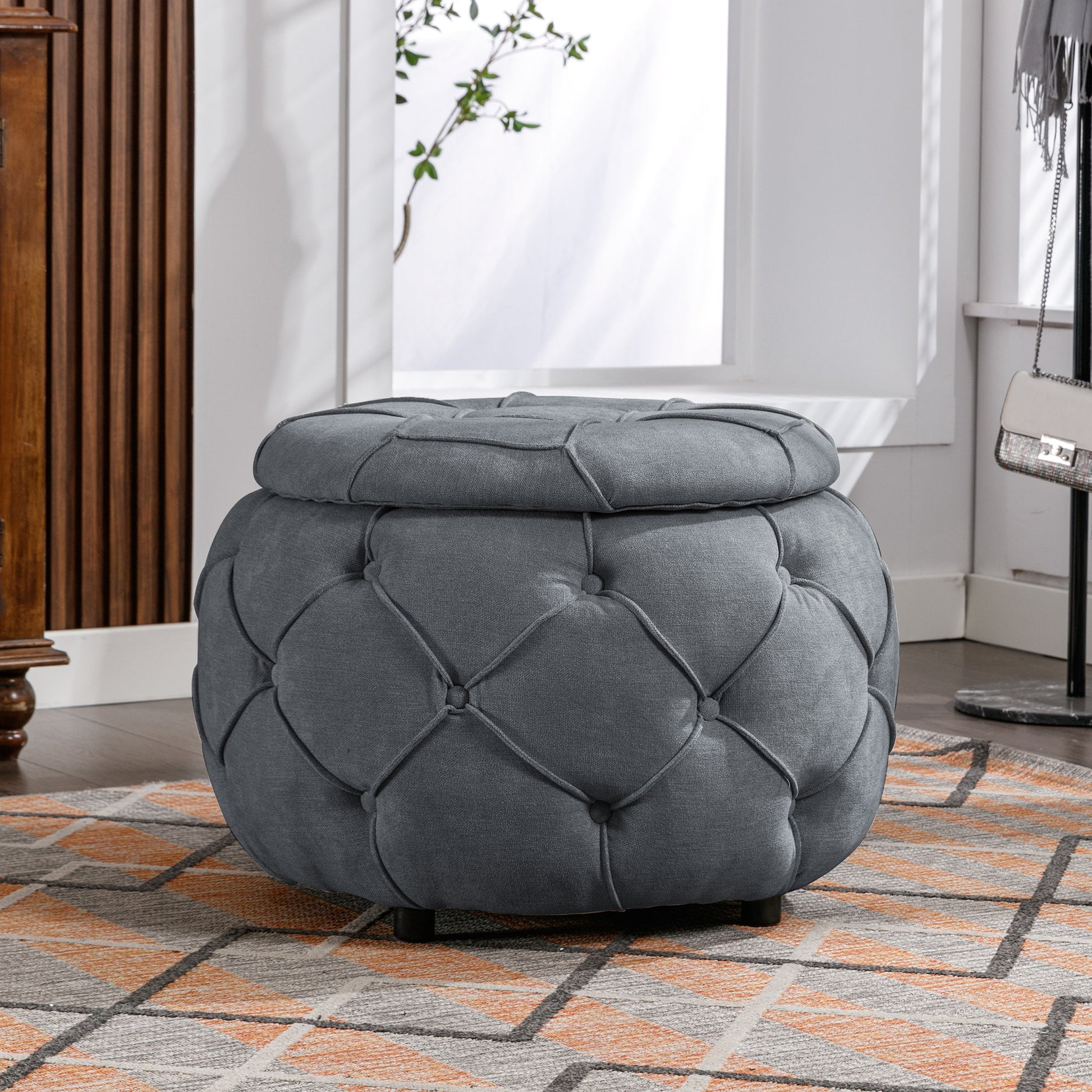 Large Button Tufted Woven Round Storage Ottoman  for Living Room & Bedroom,17.7"H Burlap Grey