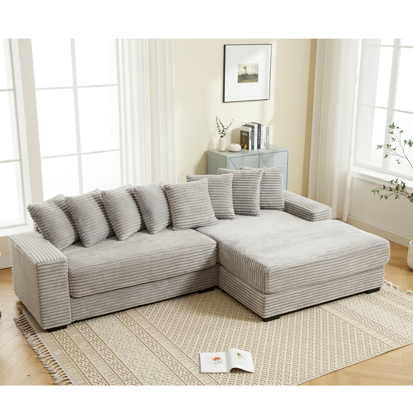 [NEW ARRIVED] [VIDEO PROVIDED] Oversized Two-Piece Couches, L Shaped Sofa, Corduroy, Right Chaise Daybed,with Armrests,Eight Throw Pillows,Corner Sofa,Easy To Assemble, Gray