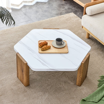 Modern practical MDF coffee table with white tabletop and wooden toned legs. Suitable for living rooms and guest rooms.