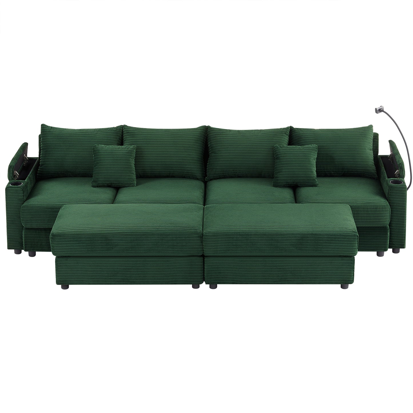 123.2" Modern Style 4-seater Sofa Sectional Sofa Couch with Storage Space, Two Movable Ottomans, Two USB Ports, Two Cup Holders, A Phone Holder for Living Room, Green