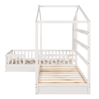 Wood House Bed Twin Size, 2 Twin Solid Bed L structure with fence and slatted frame, White