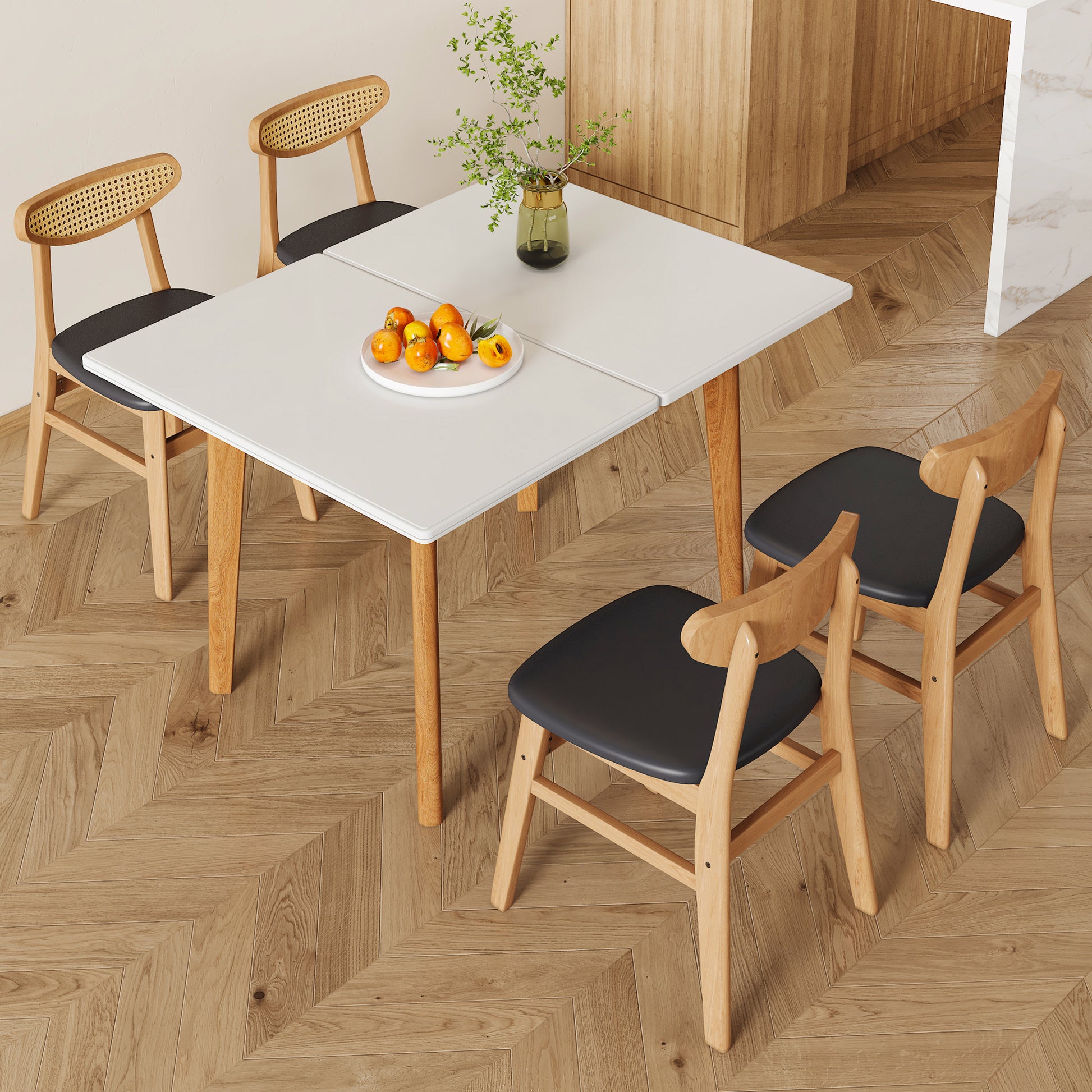 Table and chair set. White sintered stone tabletop, rubberwood legs, foldable computer desk, foldable desk. Solid wood dining chair with small curved backrest and PU cushions. ZD-1545 DX-2361