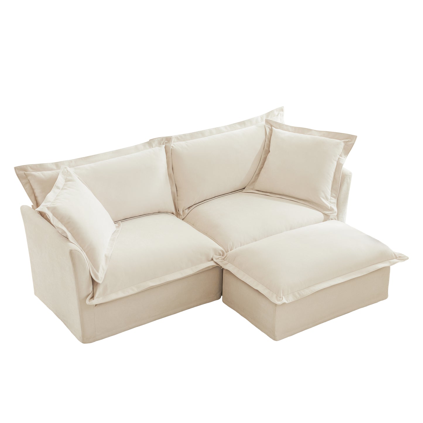 Slipcovered Sectional 2 Seater Sofa Couch with Convertible Ottoman, Wide and Deep Seat L Shaped Sofa with Detachable Cover and Soft Multiple Big Pillows, Chenille Fabric, Cream