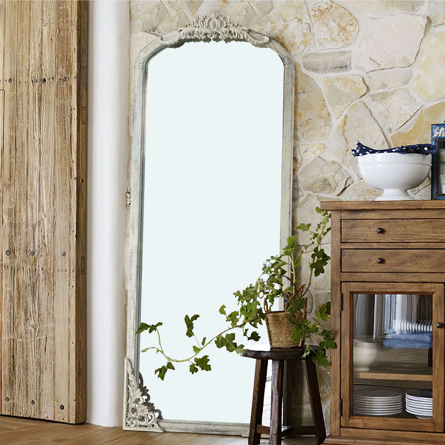 Solid wood carved right angle micro arch weathered white full-length mirror 67 * 28 * 1 inch Bathroom Vanity Mirror for Bedroom Entryway, Living/Dressing Room