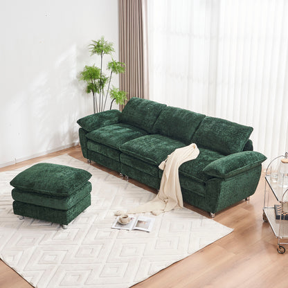 Modern Deep 3-Seat Sofa Couch with Ottoman, Polyester Sofa Sleeper Comfy Upholstered Furniture for Living Room, Apartment, Studio, Office, Green