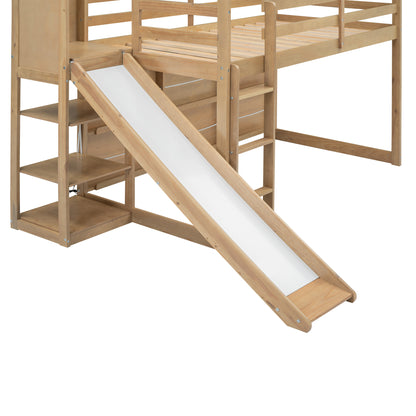 Twin Size Wood House Loft bed with Slide, Storage shelves and Light, Climbing Ramp, Wood Color