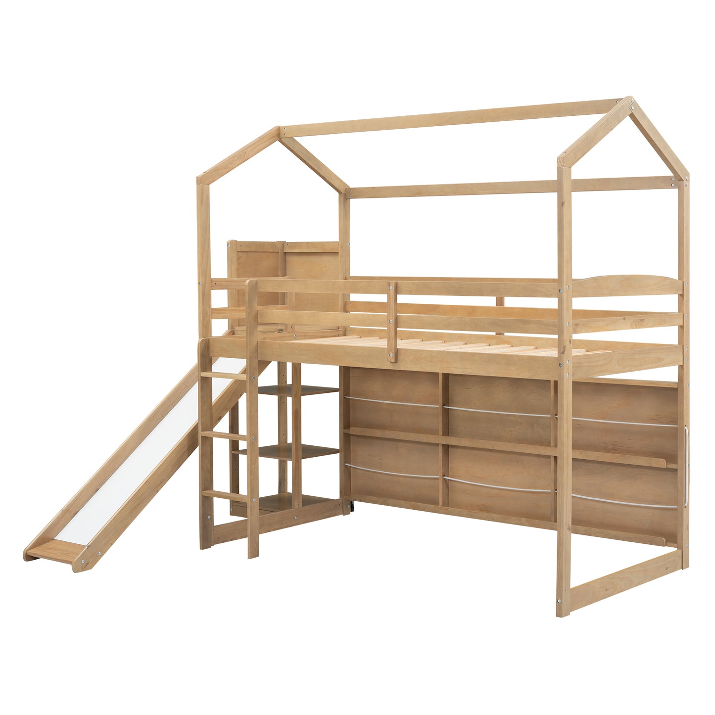 Twin Size Wood House Loft bed with Slide, Storage shelves and Light, Climbing Ramp, Wood Color