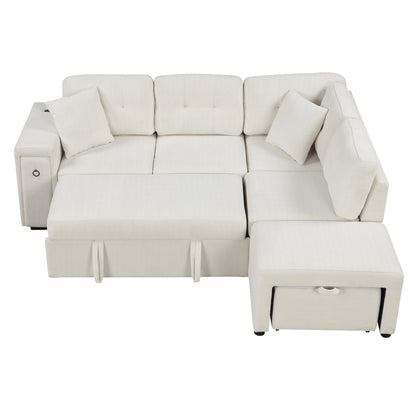 86.6" Sectional Sofa L-shaped Sofa Couch Pull-out Sofa Bed with a Movable Ottoman, Two USB Ports  and Two Cup Holders for Living Room, Beige