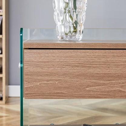 Bedside table with drawers. The board surface is MDF sticker, and both sides are transparent tempered glass. The design is simple and elegant, with excellent storage functions.