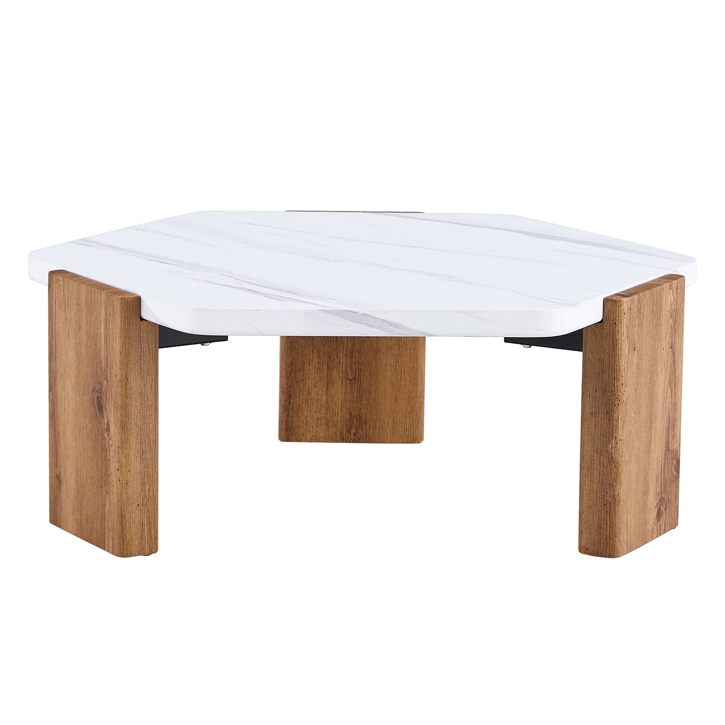 Modern practical MDF coffee table with white tabletop and wooden toned legs. Suitable for living rooms and guest rooms.