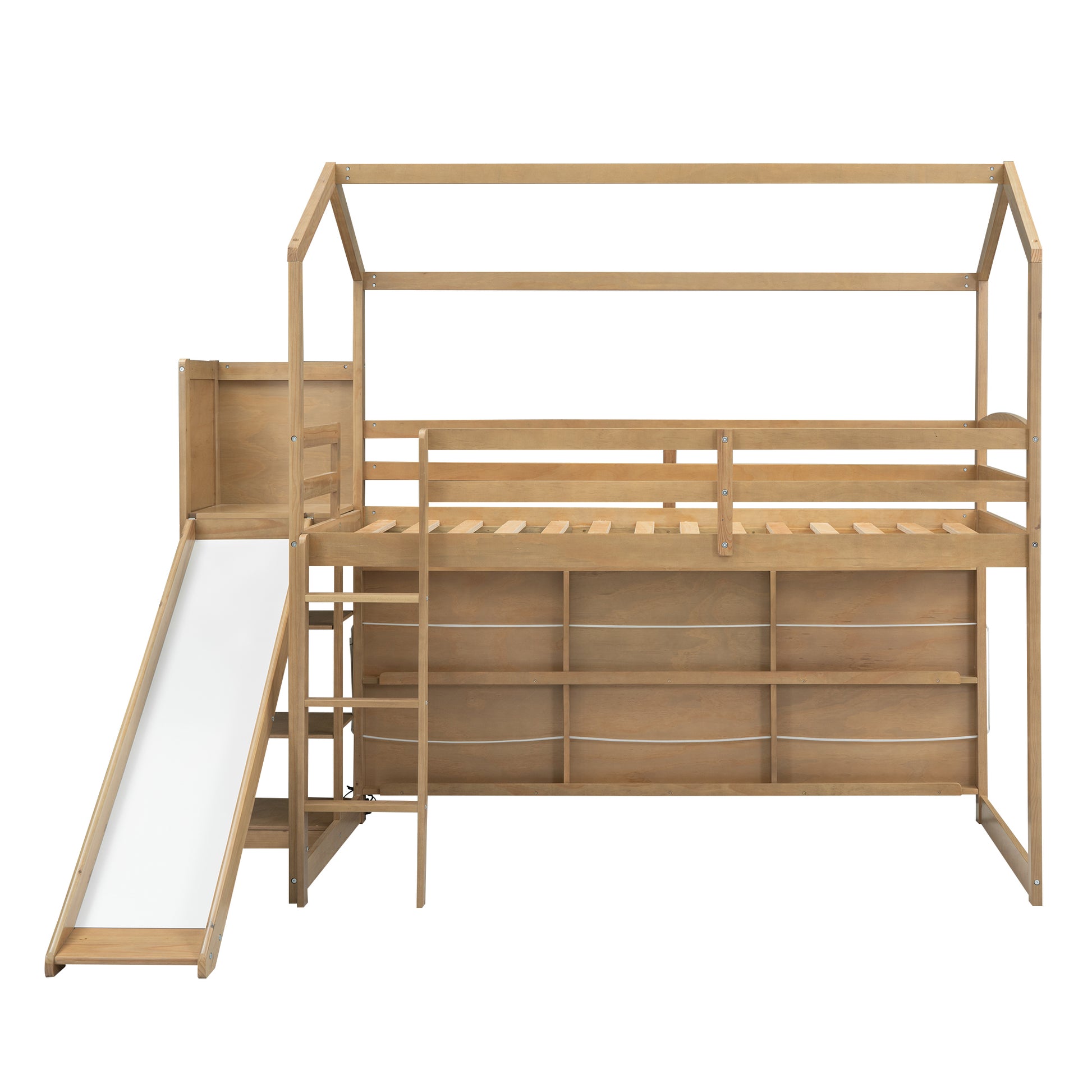 Twin Size Wood House Loft bed with Slide, Storage shelves and Light, Climbing Ramp, Wood Color