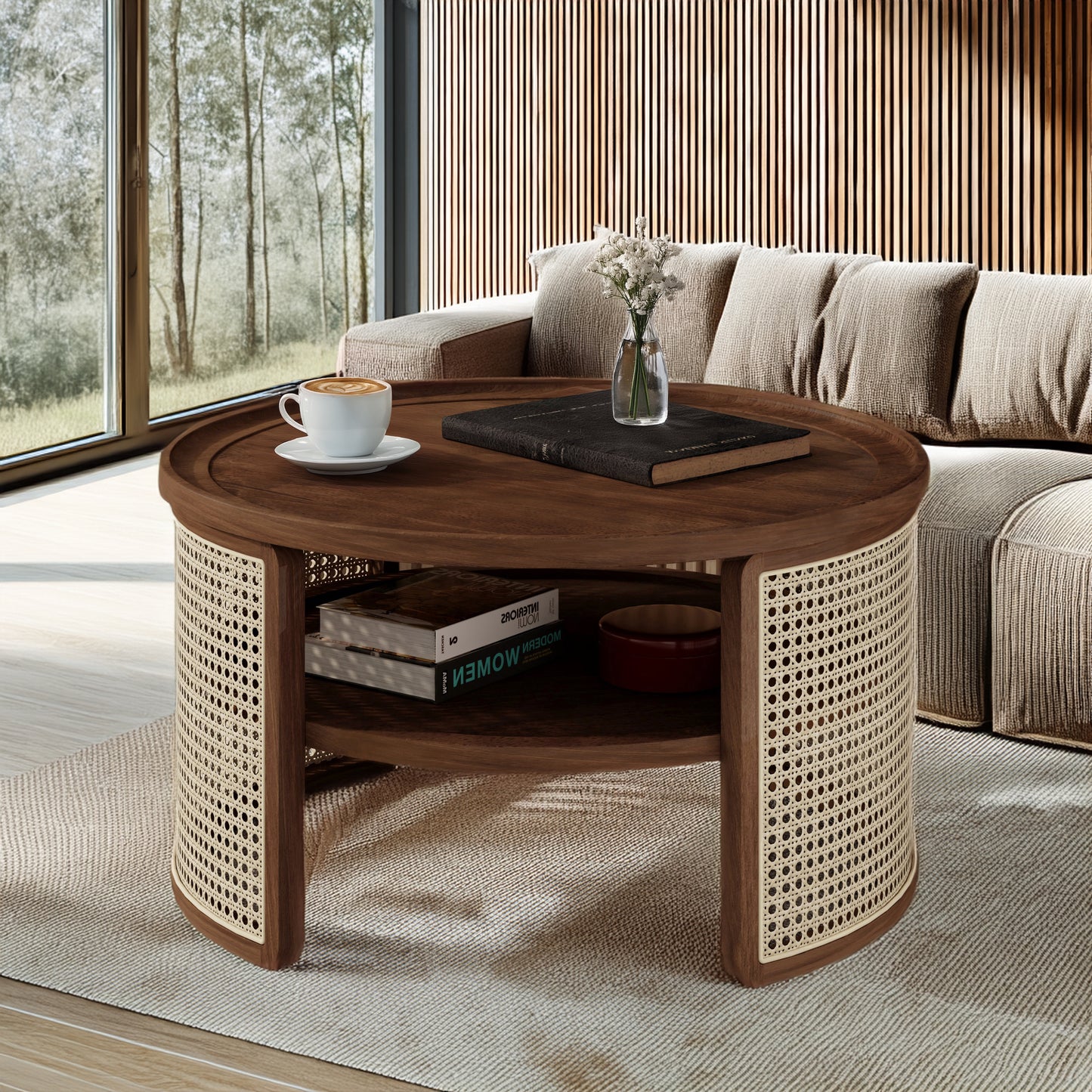 2-Tiered Round Walnut Wood Coffee Table with Storage Rattan Base in 31.3''