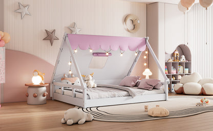 Wooden Full Size Tent Bed with Fabric for Kids,Platform Bed with Fence and Roof, White+Pink