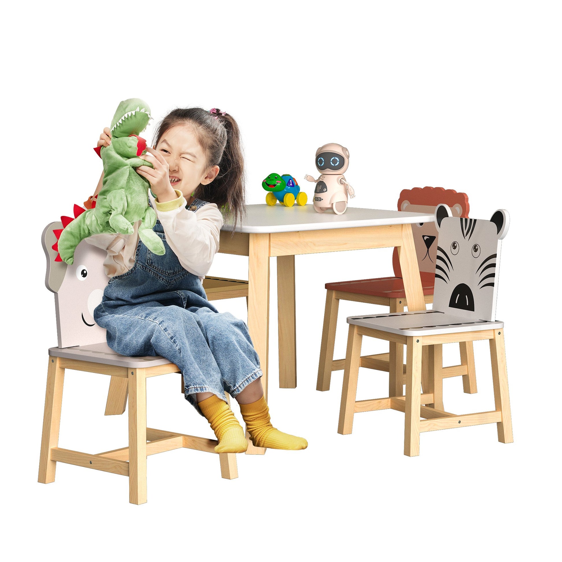 5 Piece Kiddy Table and Chair Set , Kids Wood Table with 4 Chairs Set Cartoon Animals (bigger table) (3-8 years old) - Groovy Boardz