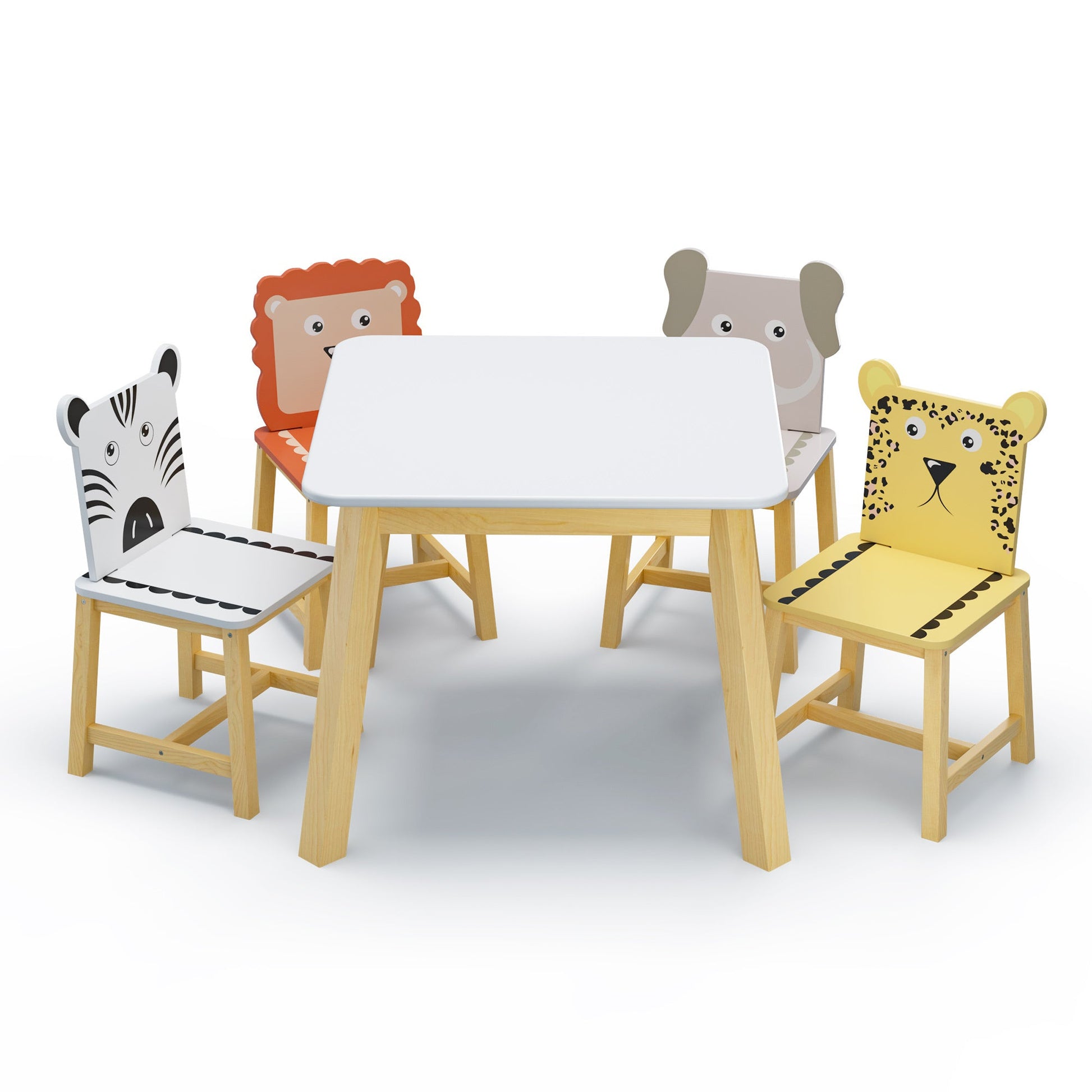 5 Piece Kiddy Table and Chair Set , Kids Wood Table with 4 Chairs Set Cartoon Animals (bigger table) (3-8 years old) - Groovy Boardz