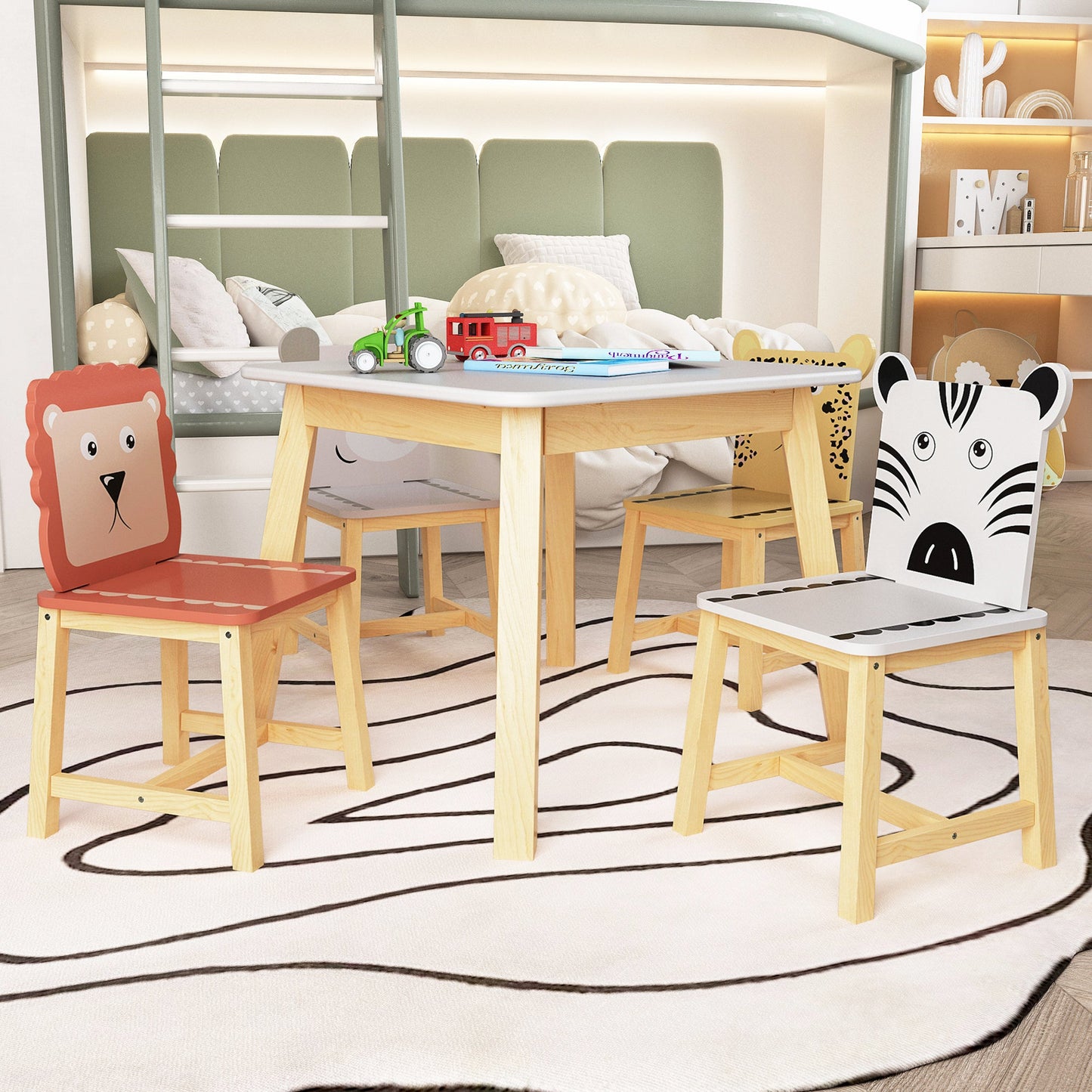 5 Piece Kiddy Table and Chair Set , Kids Wood Table with 4 Chairs Set Cartoon Animals (bigger table) (3-8 years old) - Groovy Boardz