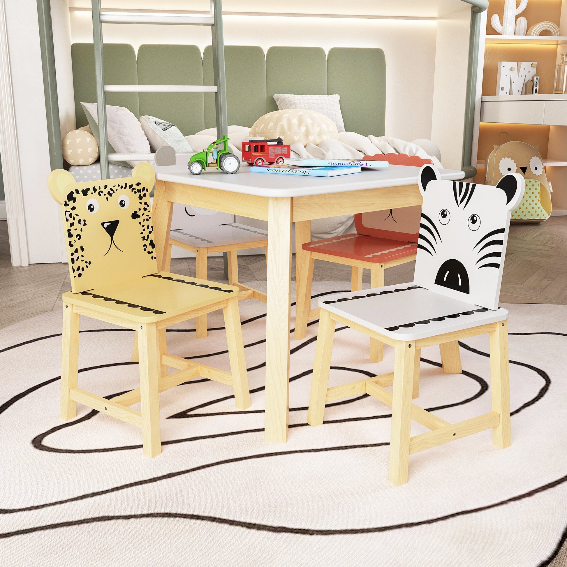 5 Piece Kiddy Table and Chair Set , Kids Wood Table with 4 Chairs Set Cartoon Animals (bigger table) (3-8 years old) - Groovy Boardz