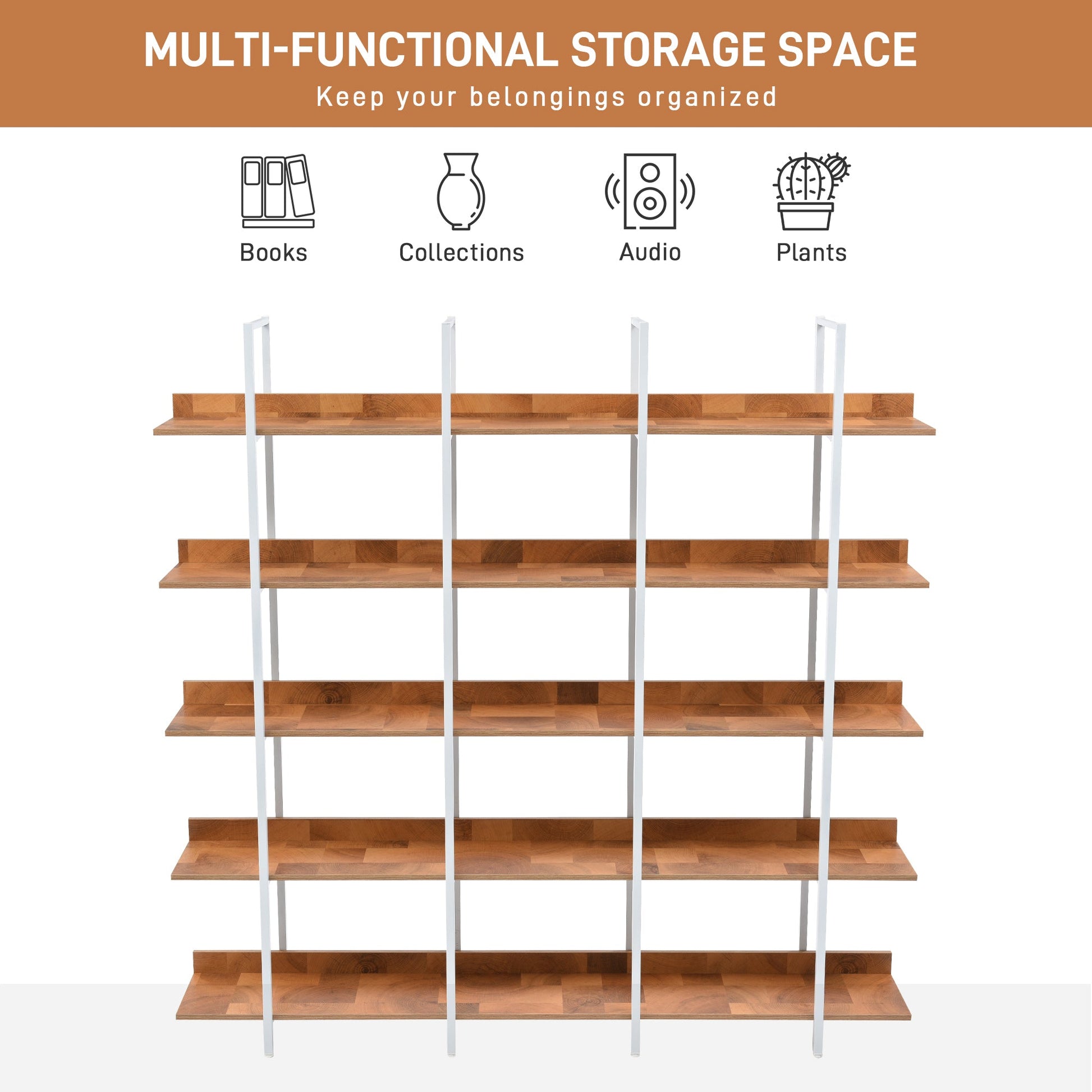 5 Tier Bookcase Home Office Open Bookshelf, Vintage Industrial Style Shelf, MDF Board, White Metal Frame, Brown - Groovy Boardz
