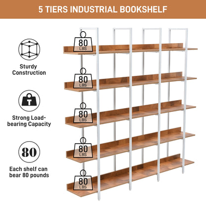 5 Tier Bookcase Home Office Open Bookshelf, Vintage Industrial Style Shelf, MDF Board, White Metal Frame, Brown - Groovy Boardz