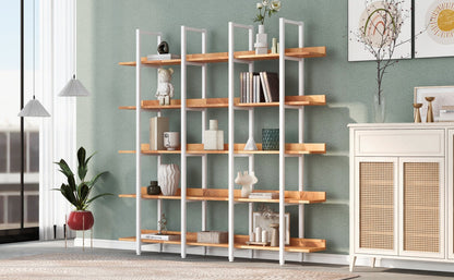 5 Tier Bookcase Home Office Open Bookshelf, Vintage Industrial Style Shelf, MDF Board, White Metal Frame, Brown - Groovy Boardz