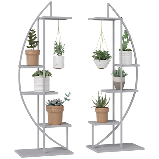 5 Tier Metal Plant Stand with Hangers, Half Moon Shape Flower Pot Display Shelf for Living Room Patio Garden Balcony Decor, Gray - Groovy Boardz