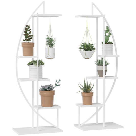 5 Tier Metal Plant Stand with Hangers, Half Moon Shape Flower Pot Display Shelf for Living Room Patio Garden Balcony Decor, White - Groovy Boardz