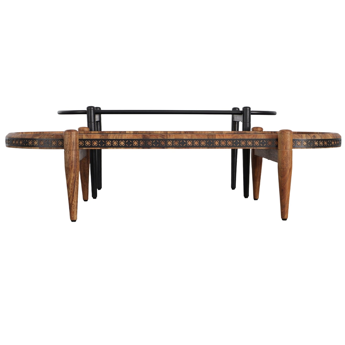 50, 39 Inch 2 Piece Oval Acacia Wood and Metal Nesting Coffee Table Set, Brown and Black - Groovy Boardz