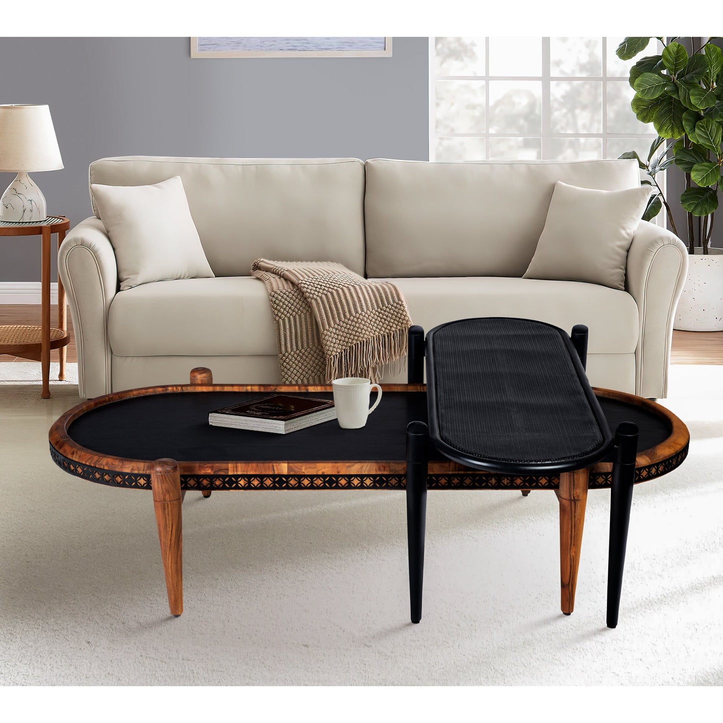 50, 39 Inch 2 Piece Oval Acacia Wood and Metal Nesting Coffee Table Set, Brown and Black - Groovy Boardz