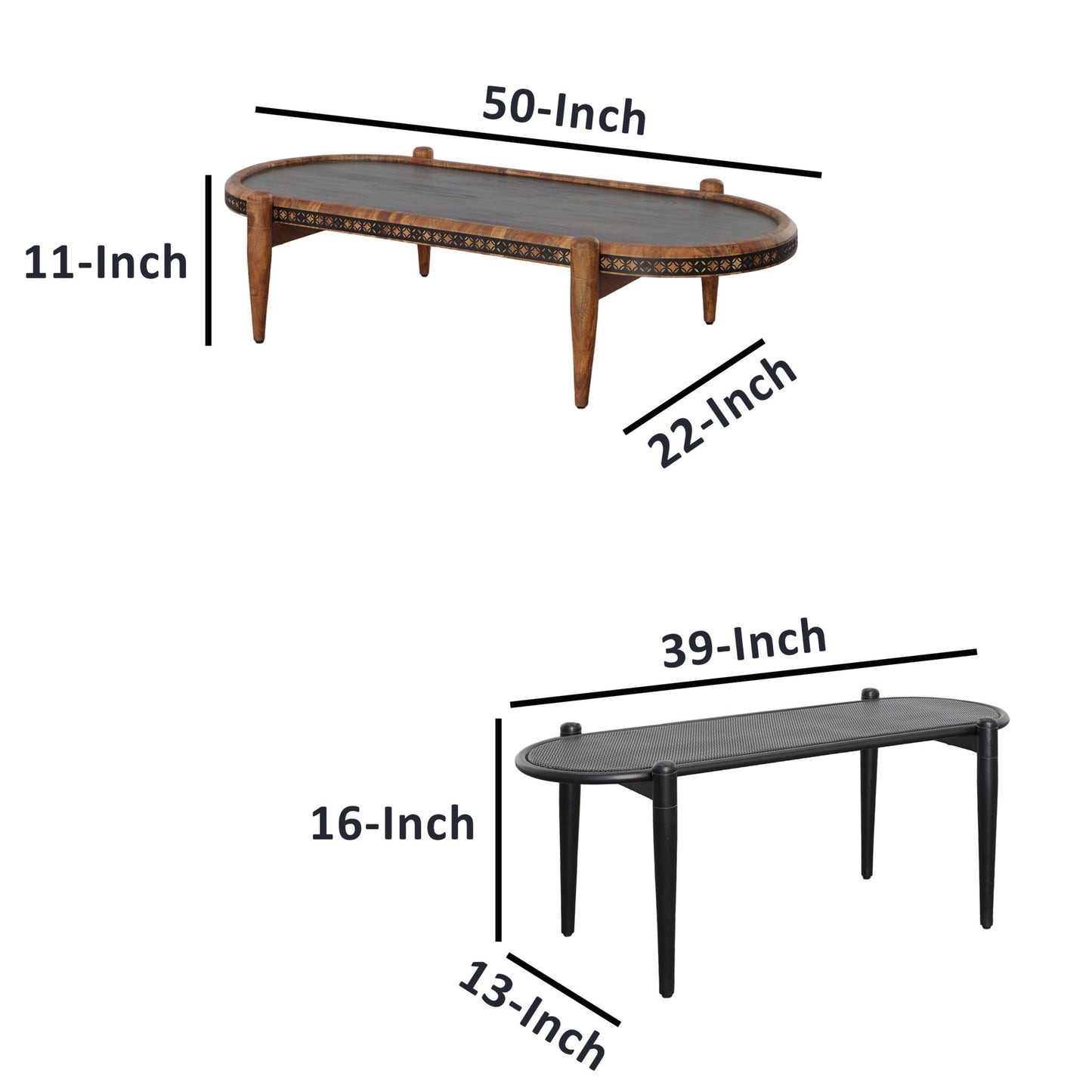 50, 39 Inch 2 Piece Oval Acacia Wood and Metal Nesting Coffee Table Set, Brown and Black - Groovy Boardz