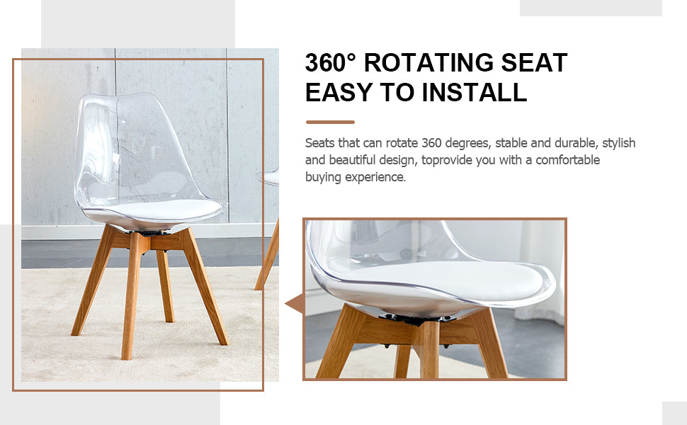 Modern chairs can rotate 360 degrees. The backrest is made of PET material, the seat cushion is made of PU material, and the support legs are made of oak. (Set of 4)