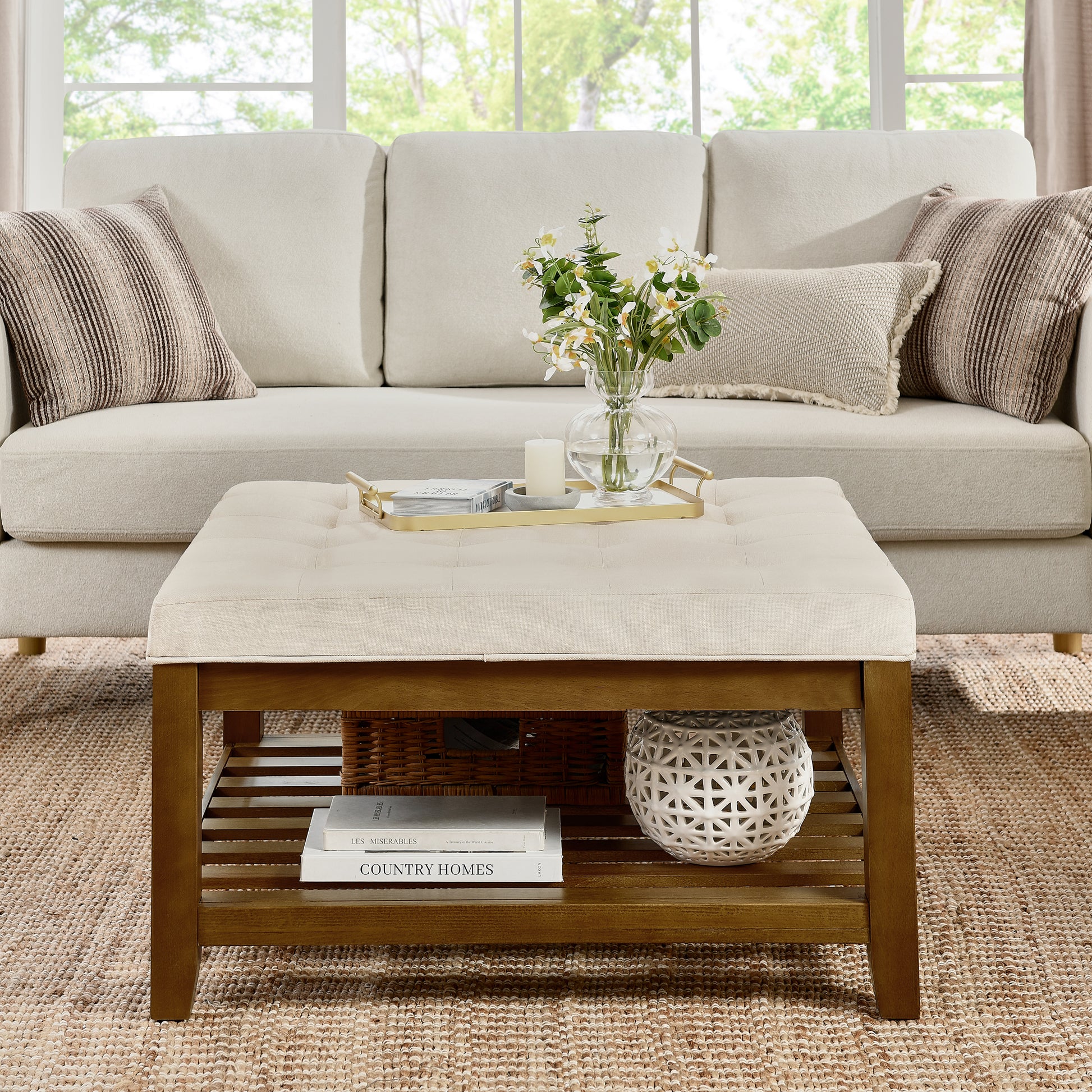 Upholstered Coffee Table Tufted Linen Large Square Ottoman with Beech Wood Shelf and Frame, Oversized Footrest Ottoman for Living Room,Office,Bedroom,Outdoor  IVORY