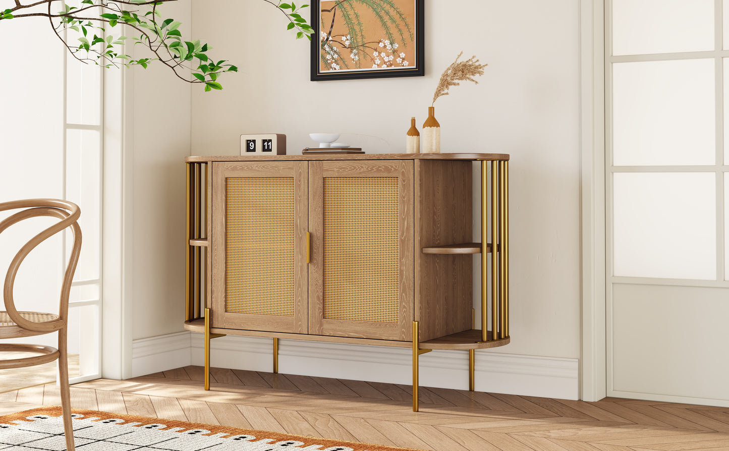 TREXM 2-Door Elegant Curved Dining Cabinet with Gold Trim and Woven Rattan Doors for Dining Room (Natural)