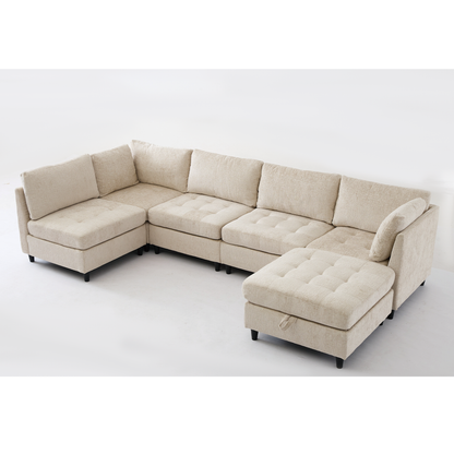 [NEW ARRIVED] [VIDEO PROVIDED]   Modular Sectional Couch with Storage Ottoman, U Shaped Sofa, Storage Ottoman,Minimalist ,Convertible Modular Sofa,Chenille ,Upholstered,6 Seat,Living Room,  Beige