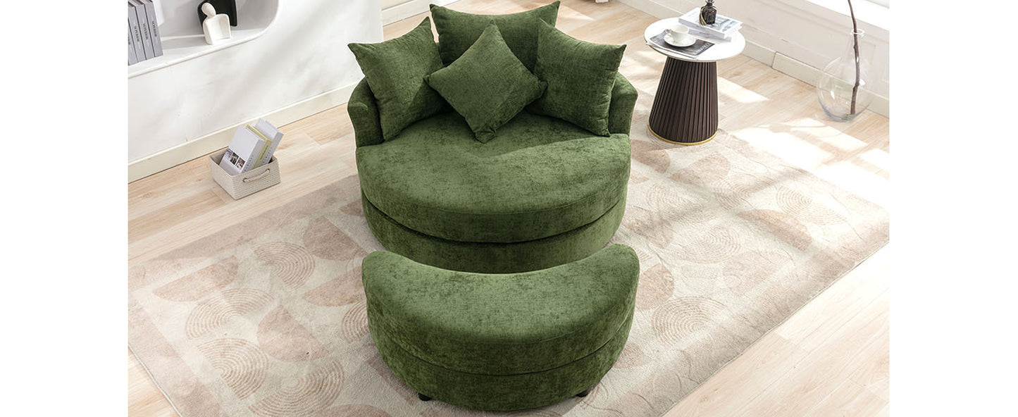 Orisfur. 360° Swivel Accent Barrel Chair with Storage Ottoman & 4 Pillows, Modern Chenille Leisure Chair Round Accent for Living Room, Green