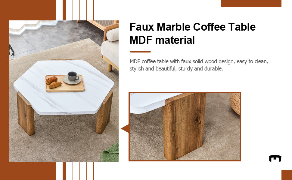 Modern practical MDF coffee table with white tabletop and wooden toned legs. Suitable for living rooms and guest rooms.