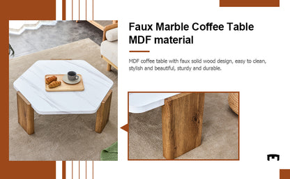 Modern practical MDF coffee table with white tabletop and wooden toned legs. Suitable for living rooms and guest rooms.